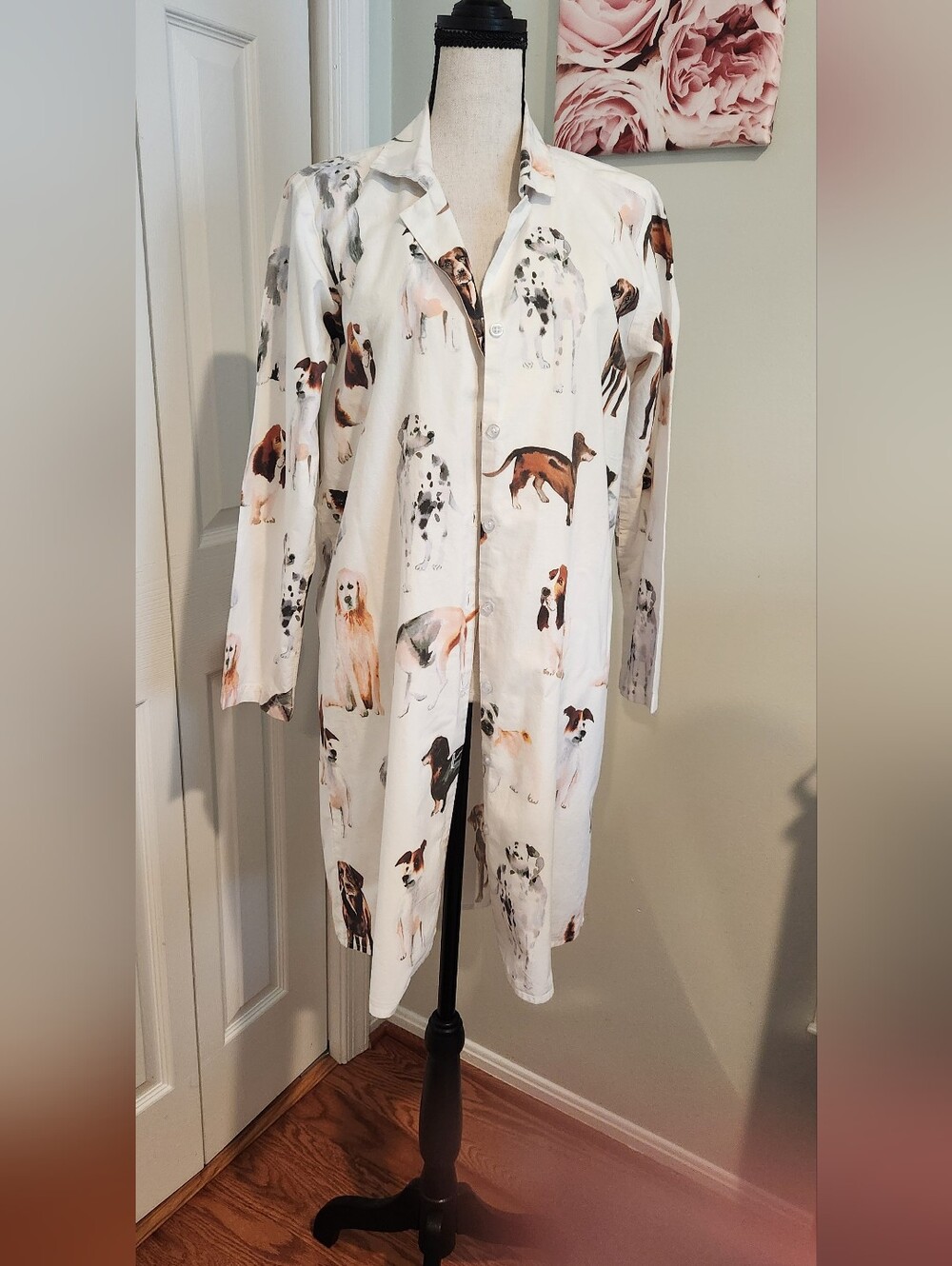 Cotton Dog Print Pine Cone Hill White Button-Down Shirt